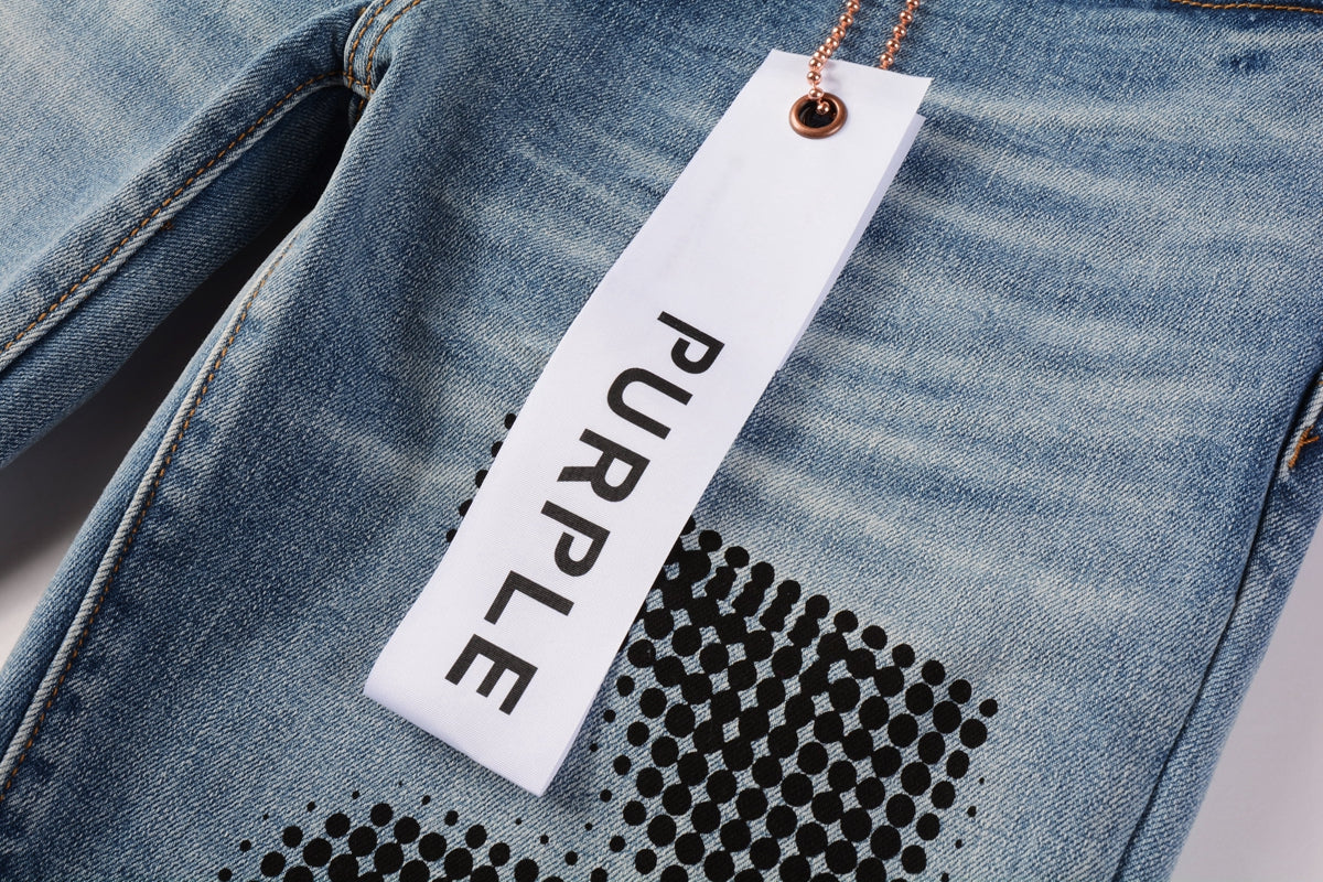 PURPLE Men Streetwear Skinny Jeans Light Blue Wash with Black Pixelated Pattern Print 9052