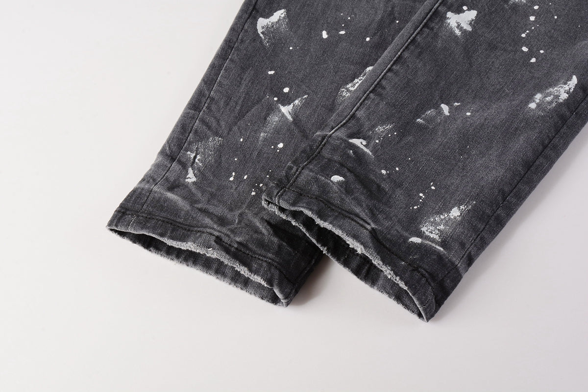 PURPLE Men Streetwear Skinny Jeans Dark Gray Wash with Knee Rips and White Paint Splatter 9039