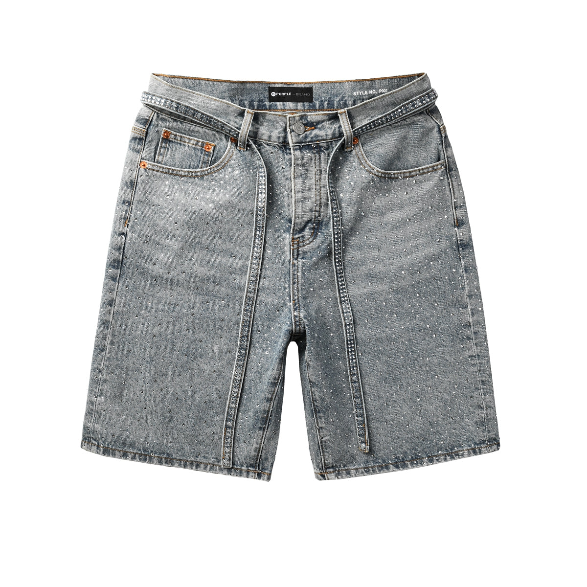 PURPLE Men Streetwear Straight Denim Shorts Grey Wash with Rhinestone Speckles and Seam Accents 5096