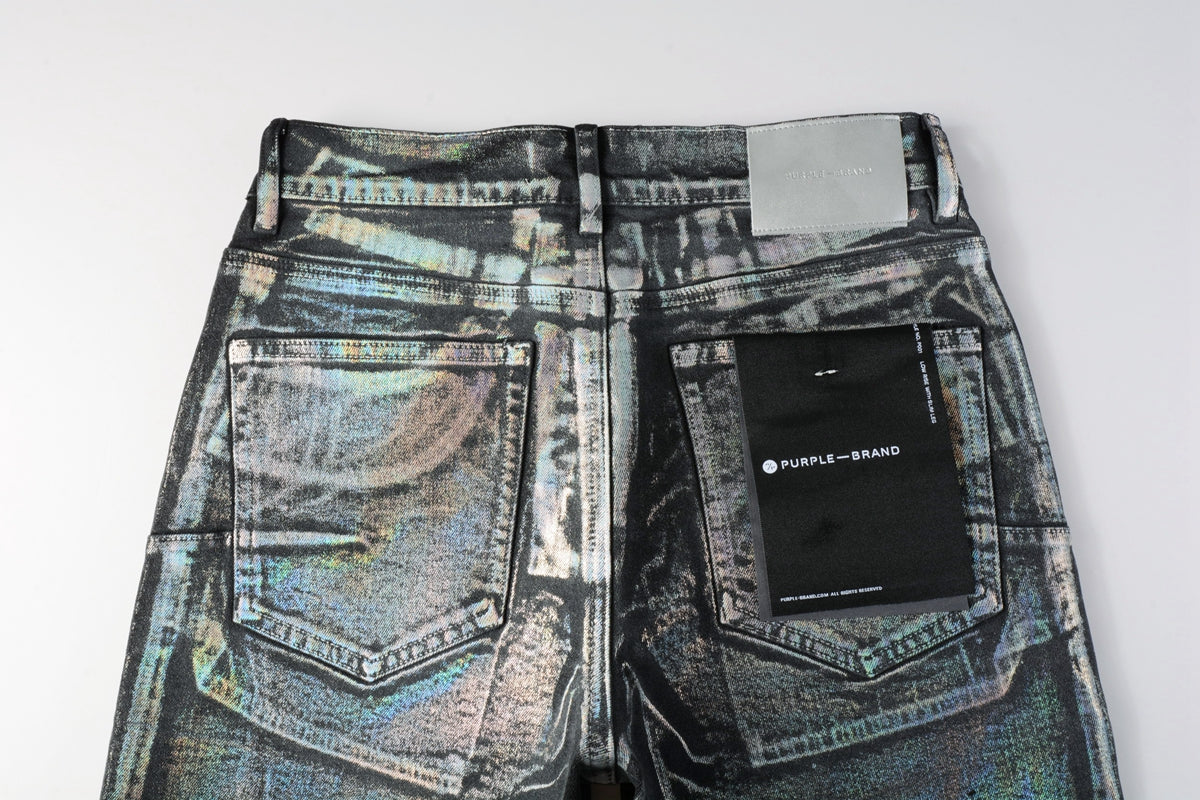 PURPLE Men Streetwear Denim Shorts Black Wash with Holographic Reflective Finish and Raw Hem 5028