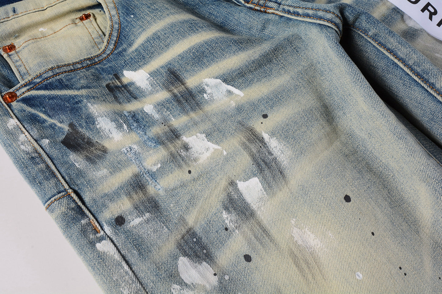 PURPLE Men Streetwear Skinny Jeans Light Blue Wash with White Paint Splatter and Distressed Rips 9007