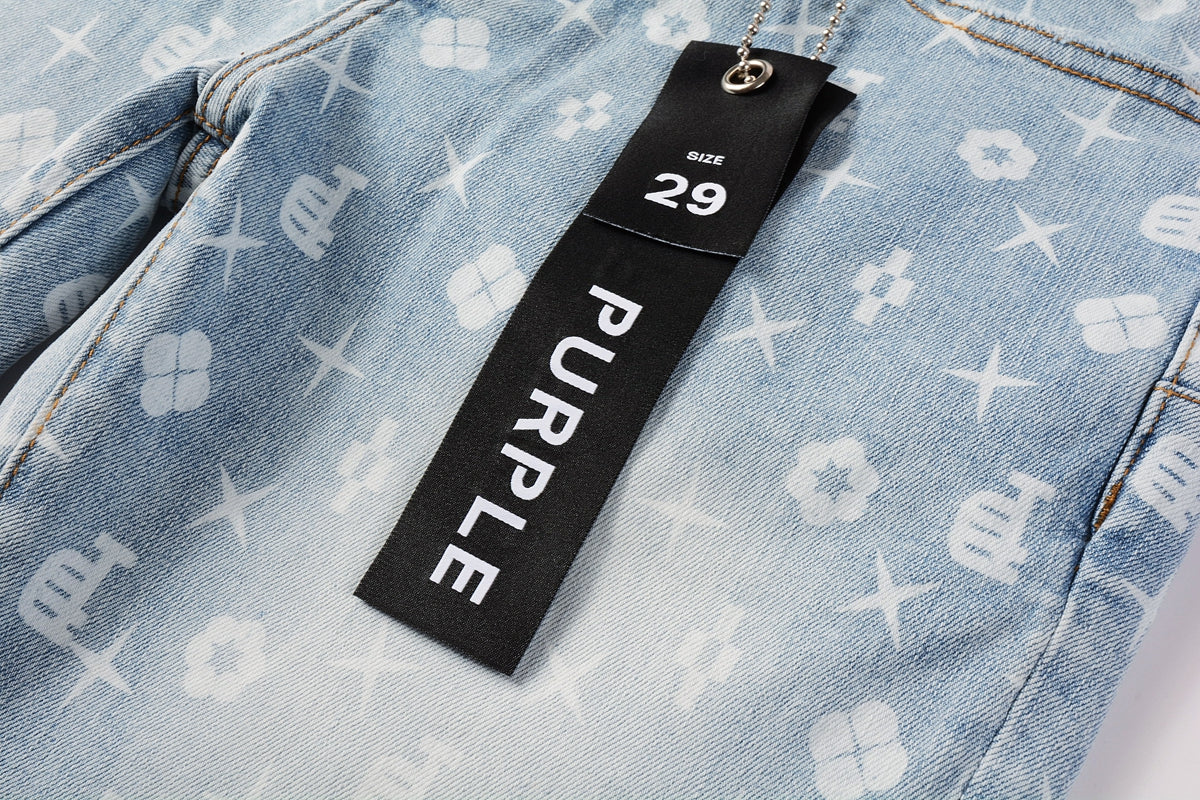 PURPLE Men Streetwear Skinny Jeans Light Blue Wash with All - Over Pattern Print 9089