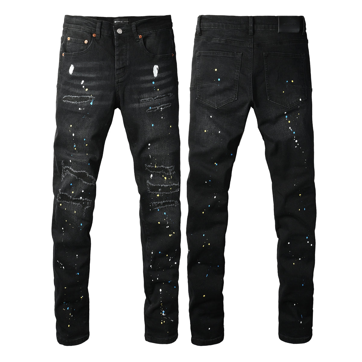 PURPLE Men Streetwear Skinny Jeans Black Wash with Distressed Details and Multi - Color Paint Splash 9121