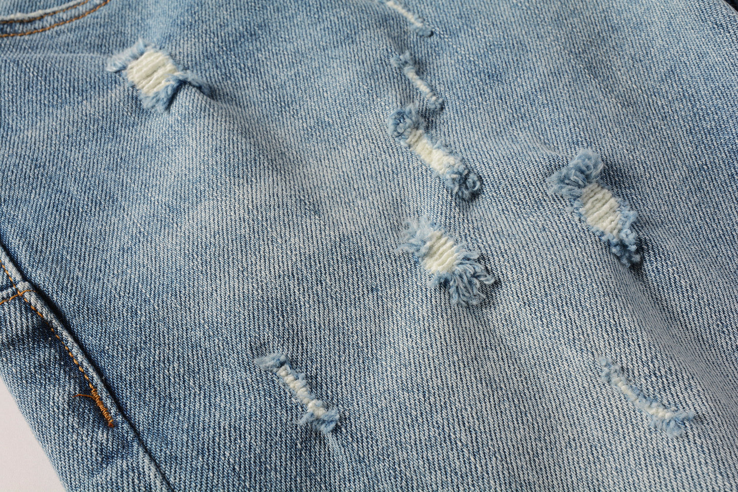 PURPLE Men Streetwear Skinny Jeans Light Blue Wash with Subtle Distressed Ripped Details 9075
