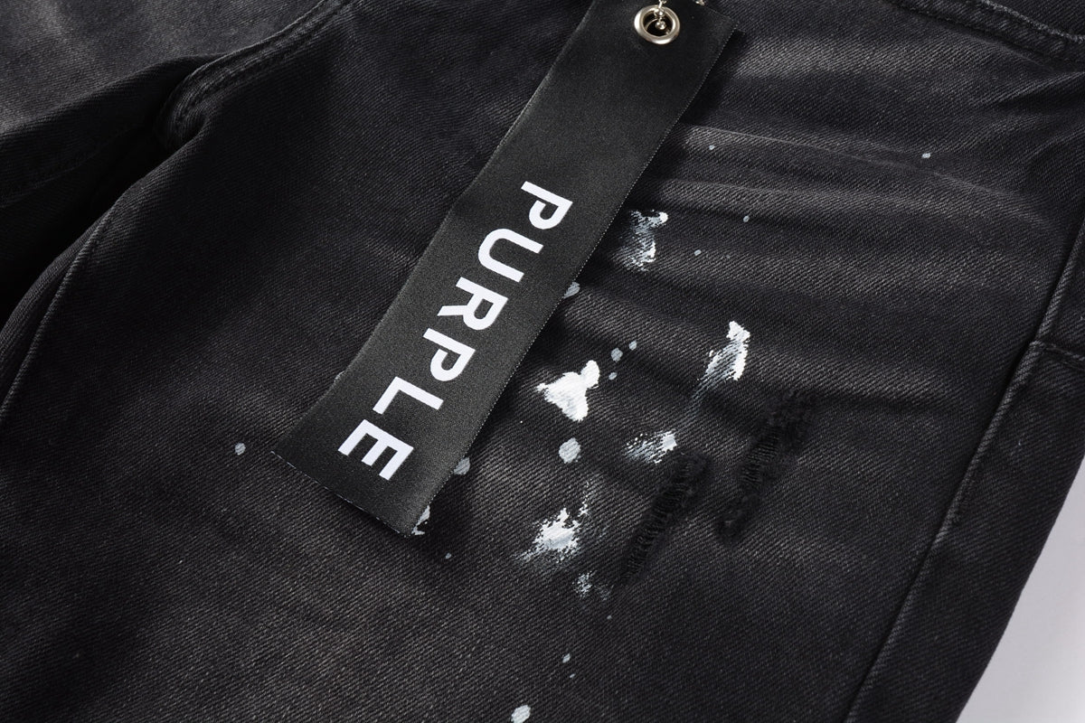 PURPLE Men Streetwear Denim Shorts Black Wash with White Paint Splashes and Raw Hem 5002