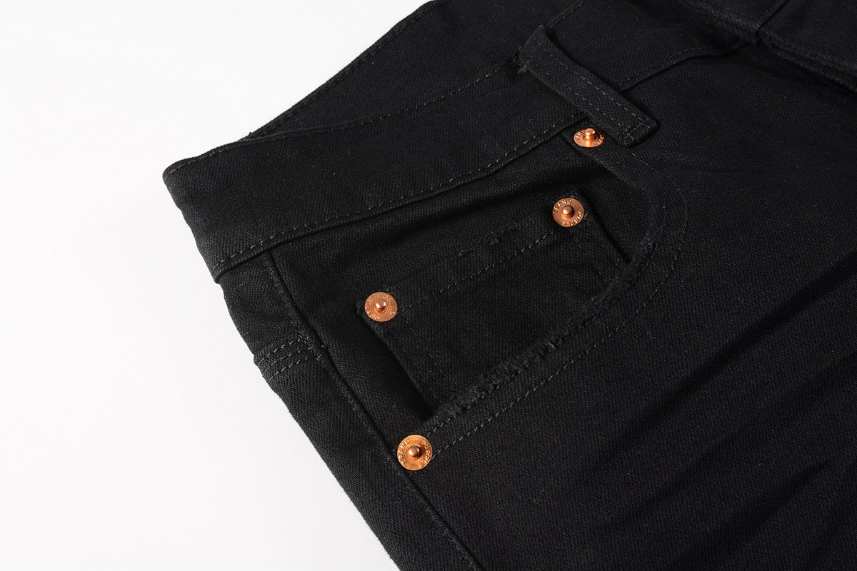 PURPLE Men Streetwear Skinny Jeans Black Wash with All-Over Metallic Gold "P" Print 9008