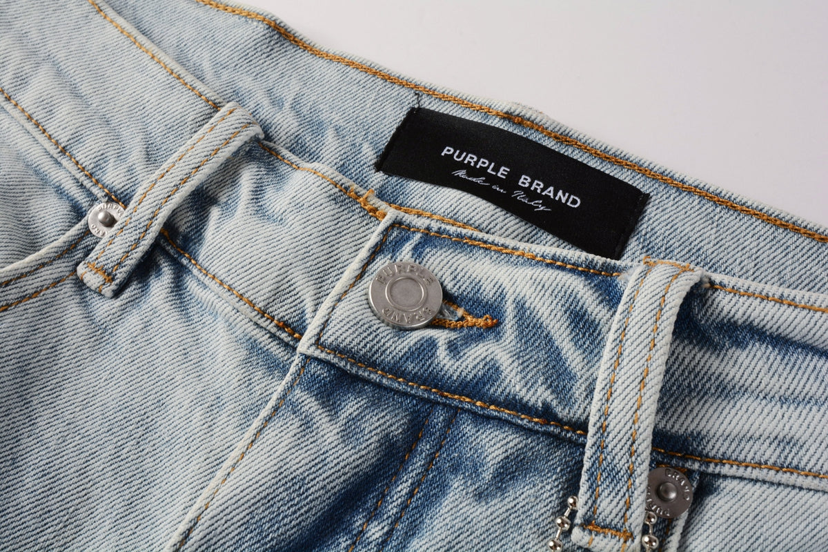 PURPLE Men Streetwear Denim Shorts Light Blue Wash with Distressed Rips and Raw Hem 5088