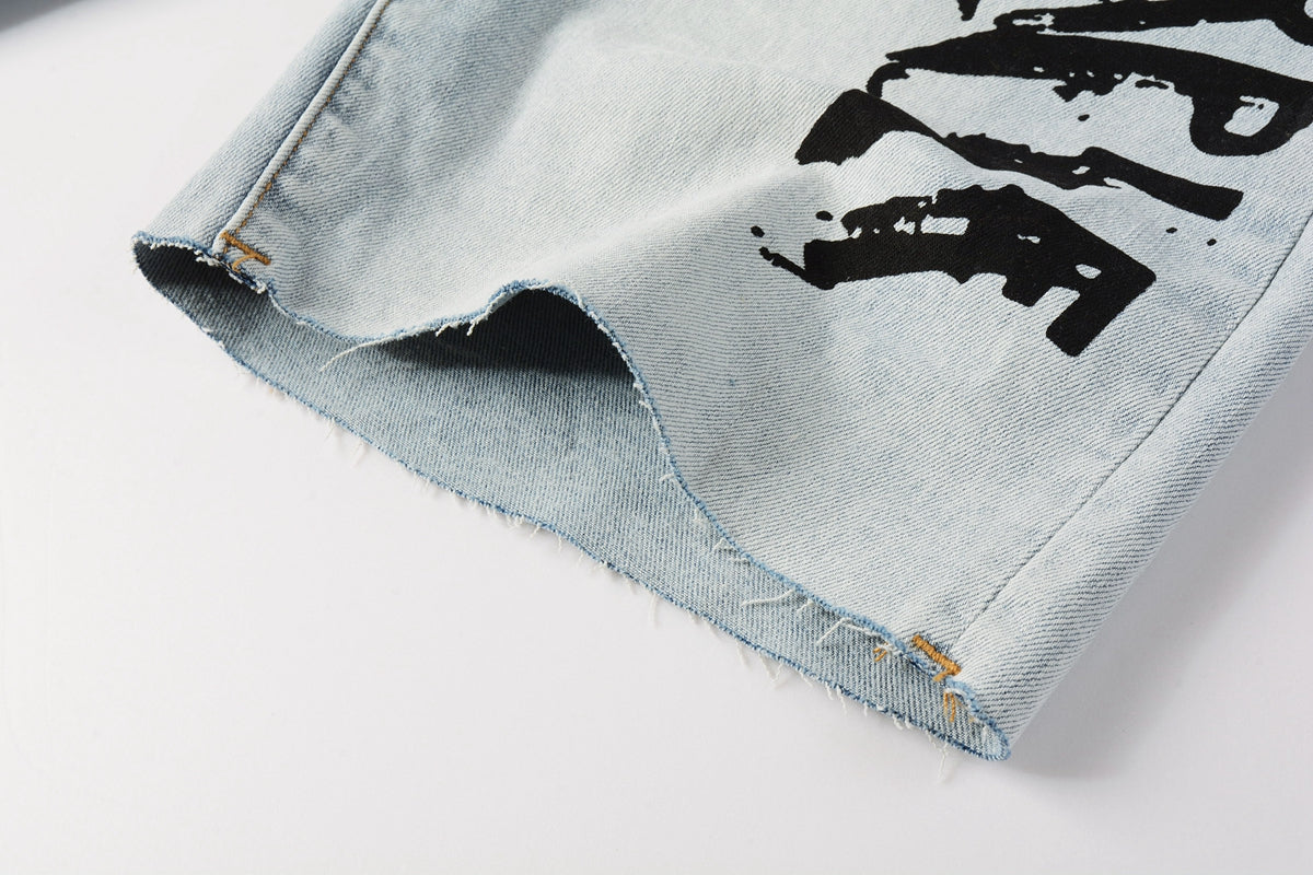 PURPLE Men Streetwear Denim Shorts Light Blue Wash with Black Paint Streak Print and Raw Hem 5048