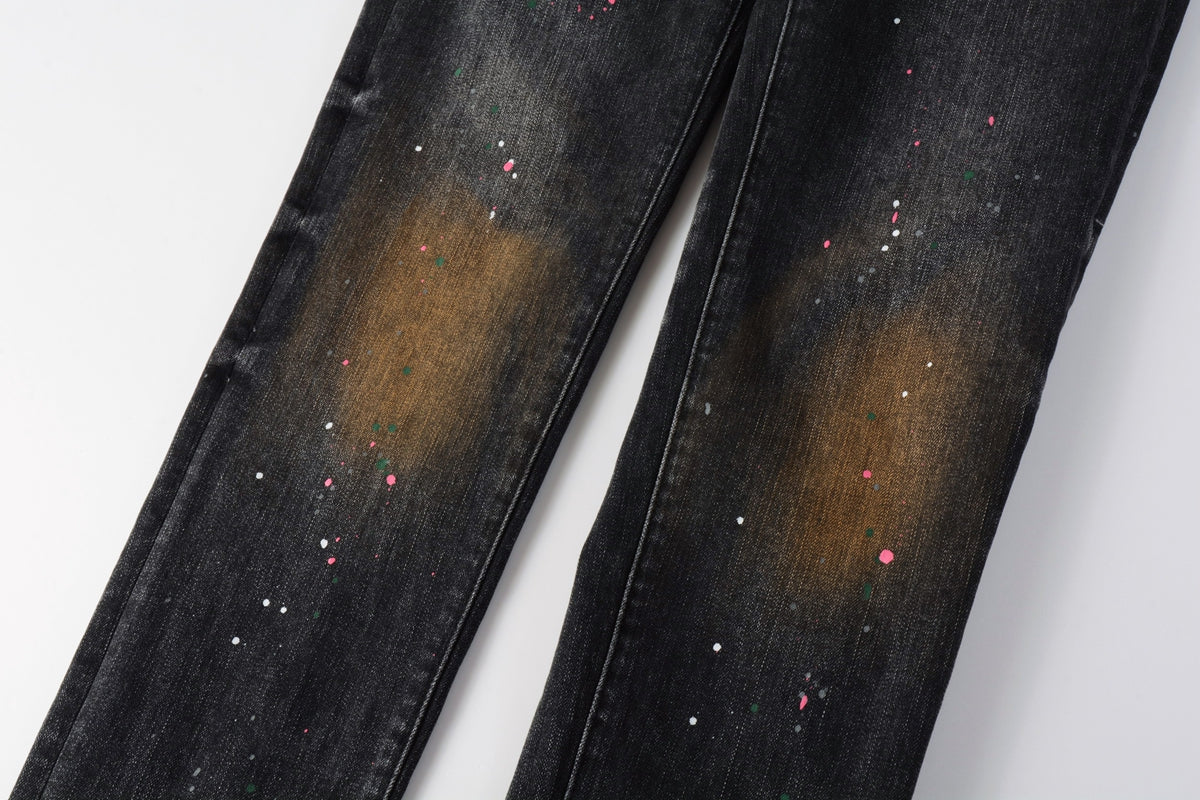 PURPLE Men’s Black Skinny Jeans with Rust-Toned Wash and Multicolor Paint Splatter Artistic Distressed Street 9109