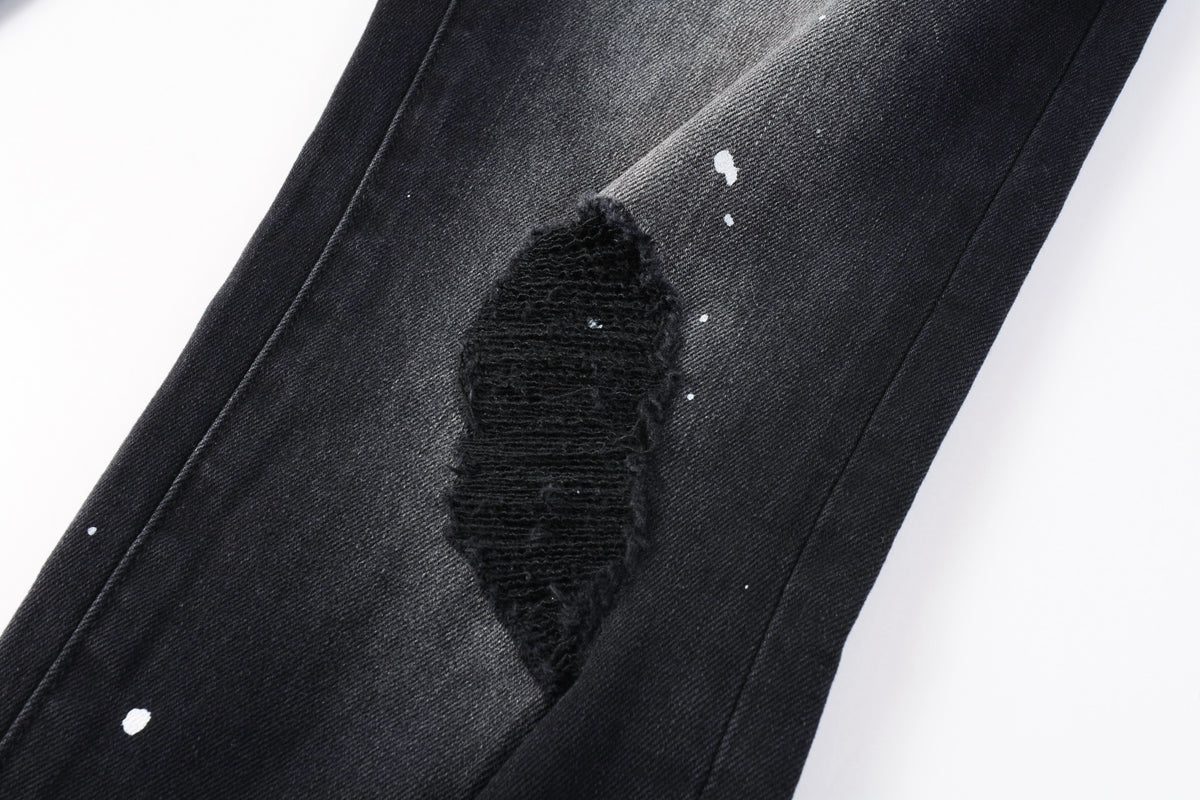 PURPLE Men Streetwear Jeans Distressed Black Paint Splash Patch Ripped skinny 9099