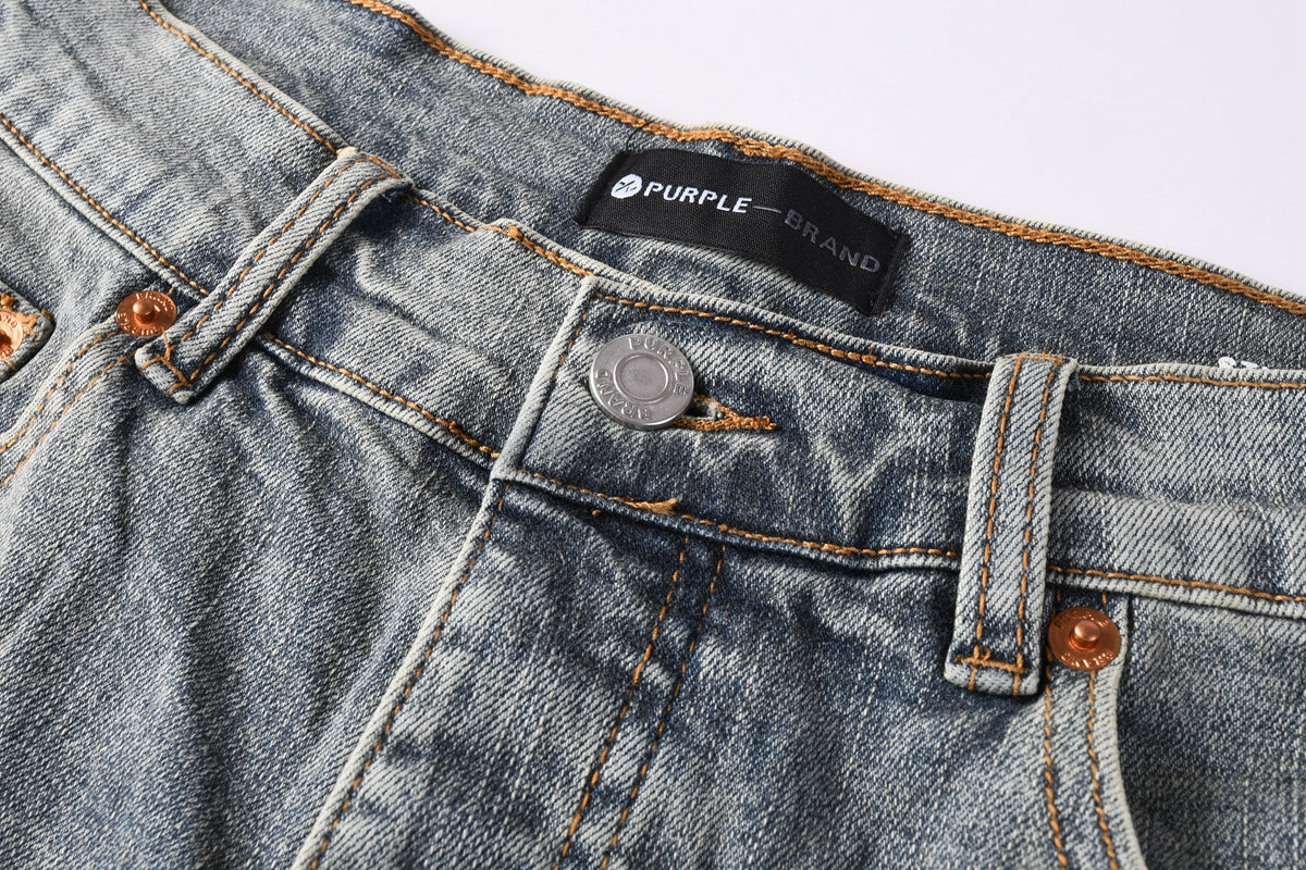 PURPLE Men Streetwear Light Blue Denim Shorts with Radial White Rhinestone Designs 5093