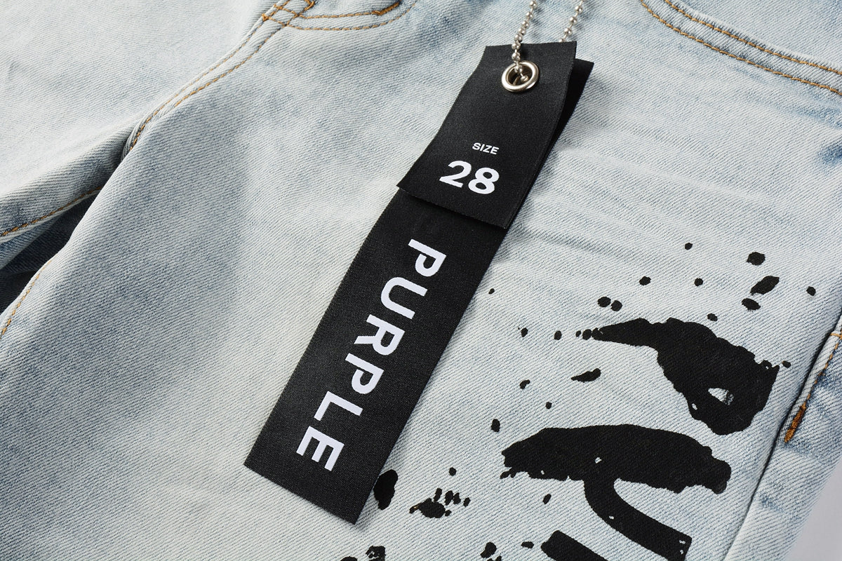 PURPLE Men Streetwear Denim Shorts Light Blue Wash with Black Paint Streak Print and Raw Hem 5048