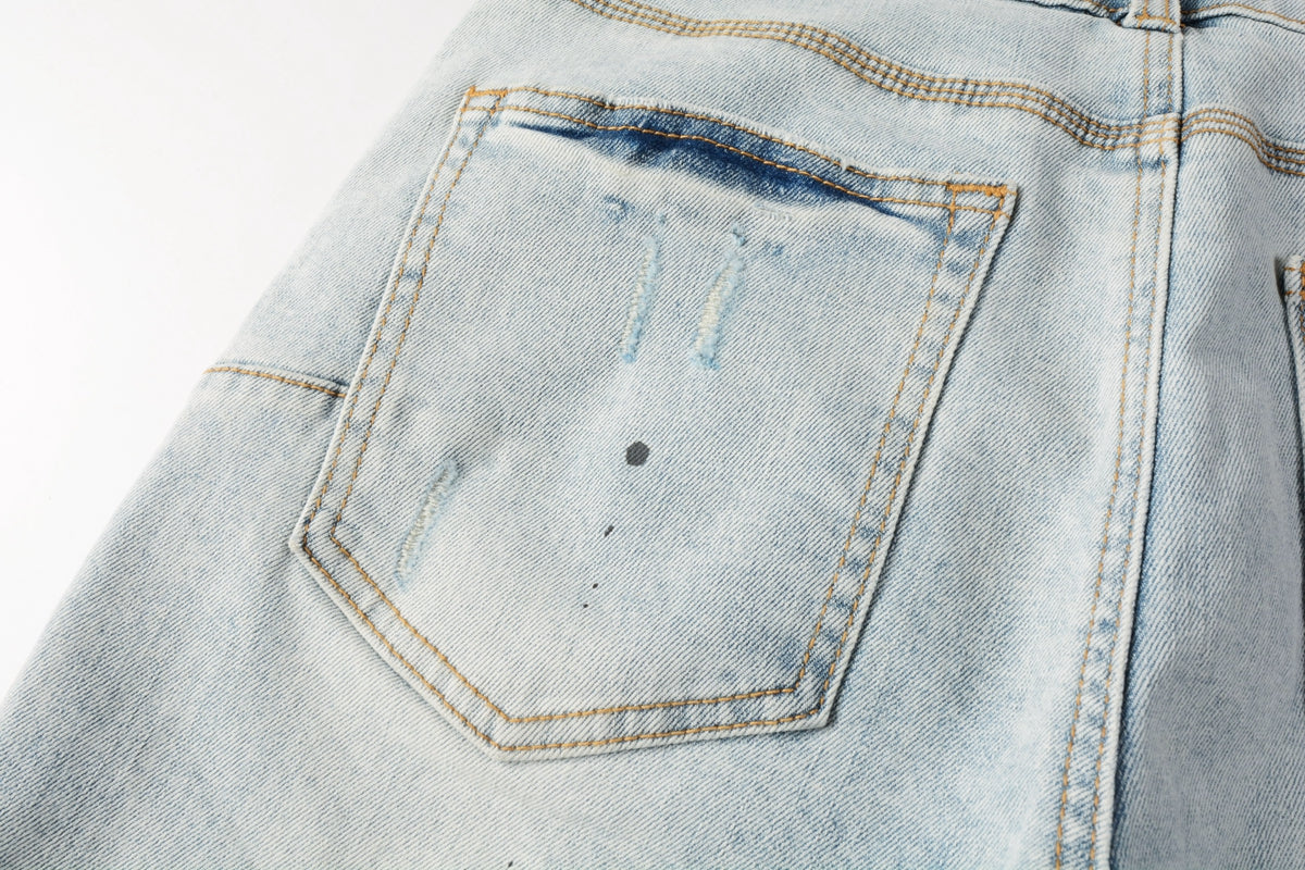 PURPLE Men Streetwear Denim Shorts Light Blue Wash with White Paint Splatters and Distressed Raw Hem 5006