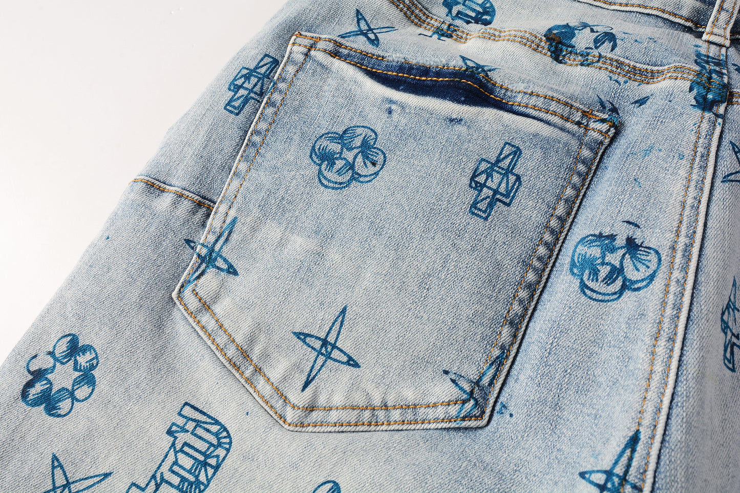 PURPLE Men Streetwear Denim Shorts Light Blue Wash with Blue Graphic Print and Raw Hem 5063