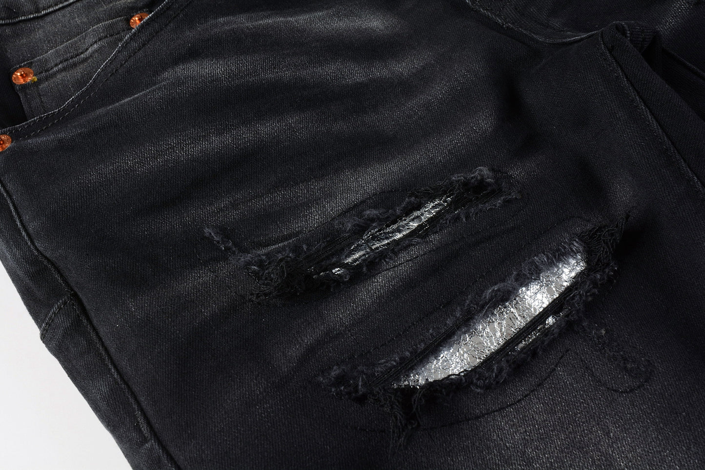 PURPLE Men Streetwear Skinny Jeans Black Wash with Distressed Rips, Checkered Patches and White Paint Splatter 9001