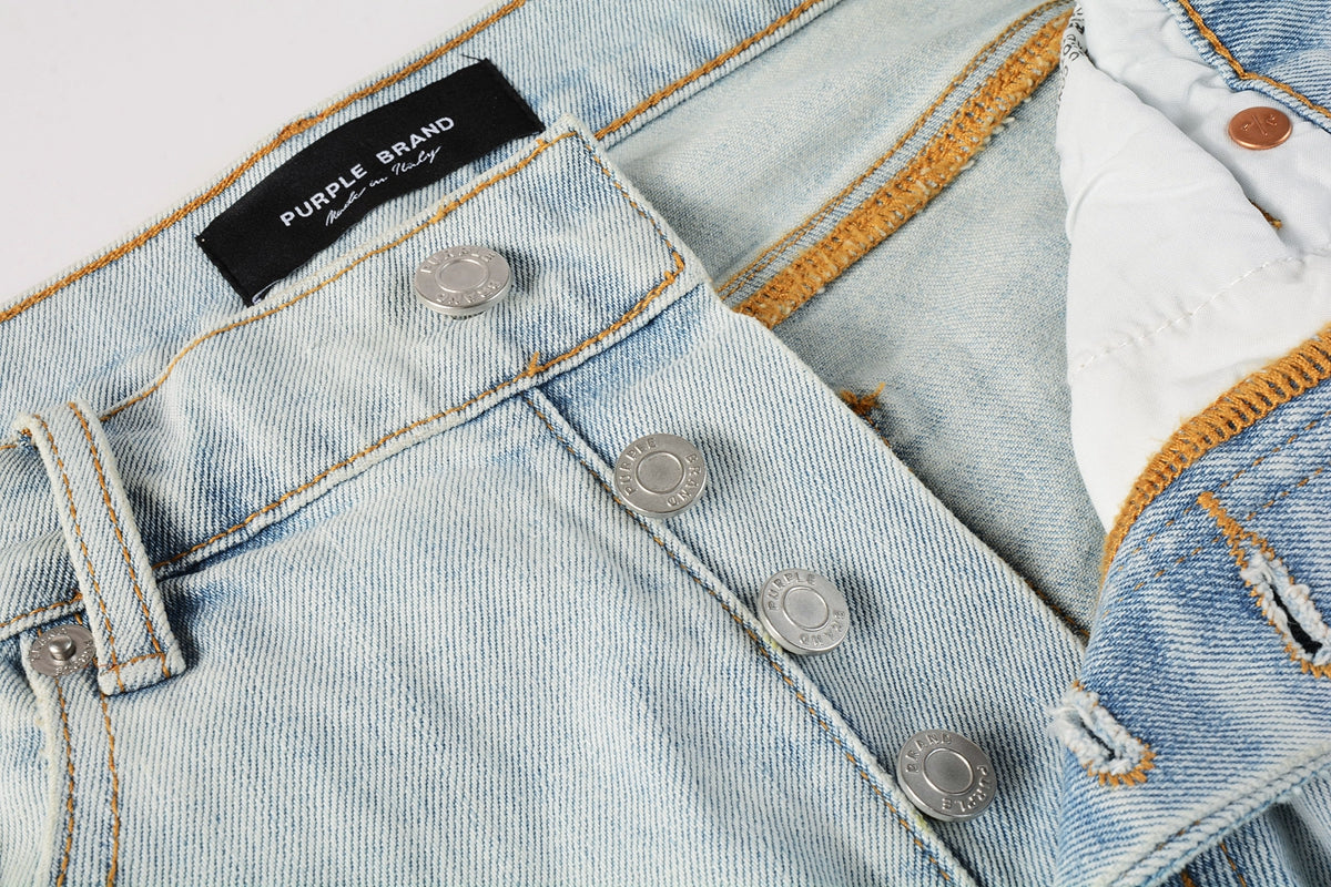 PURPLE Men Streetwear Denim Shorts Light Blue Wash with Colorful Patched Rips and Raw Hem 5067