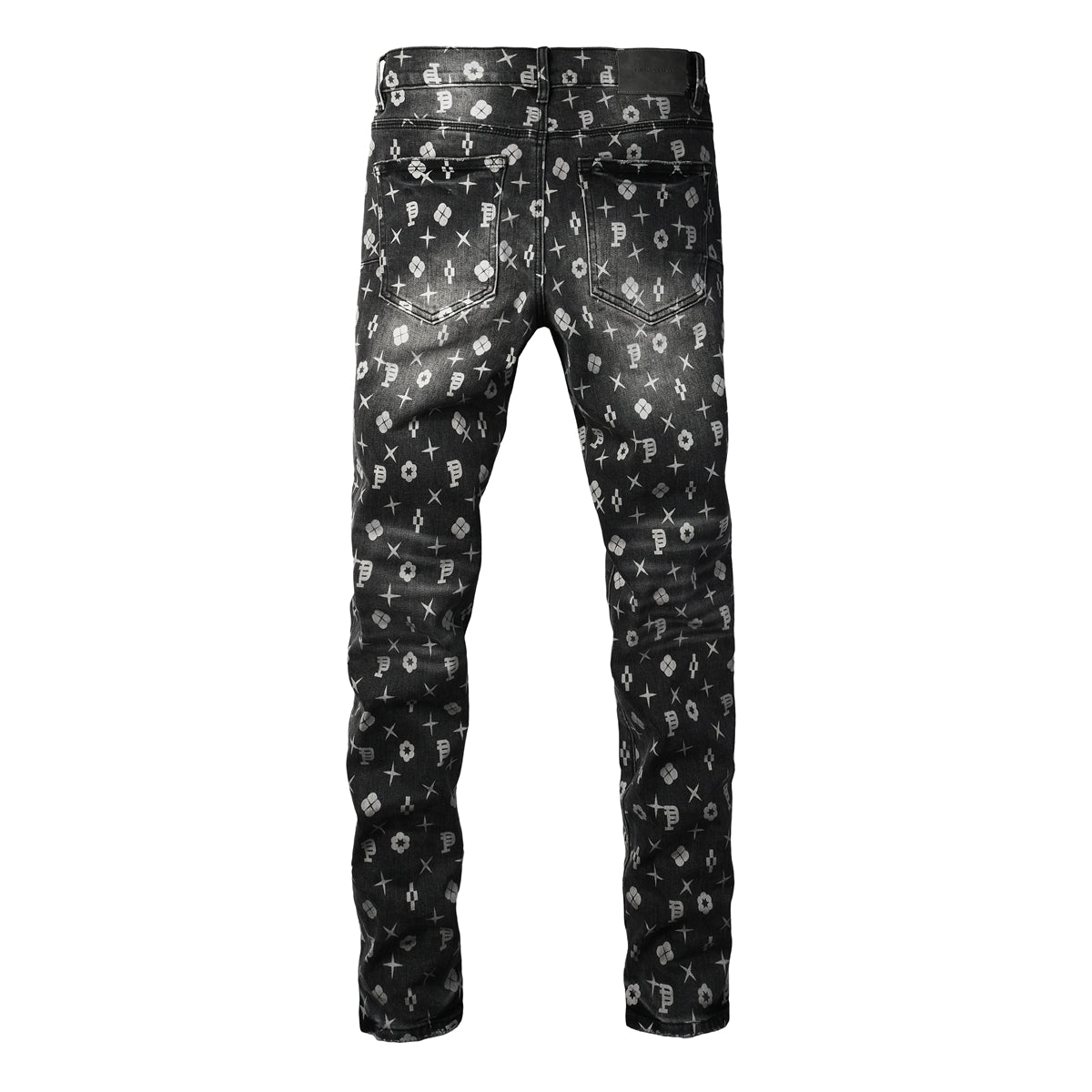 PURPLE Men Classic Street Skinny Jeans Dark Grey Monogram Print All Over Distressed Style 9112