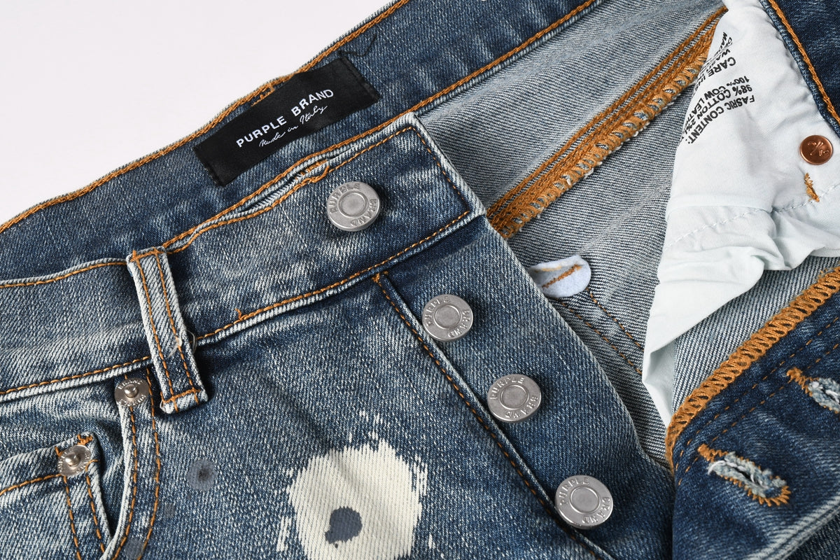 PURPLE Men Streetwear Denim Shorts Light Blue Wash with Large White Paint Splashes and Speckles 5092