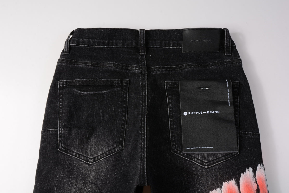 PURPLE Men Streetwear Denim Shorts Black Wash with Colorful Feather Print and Raw Hem 5085