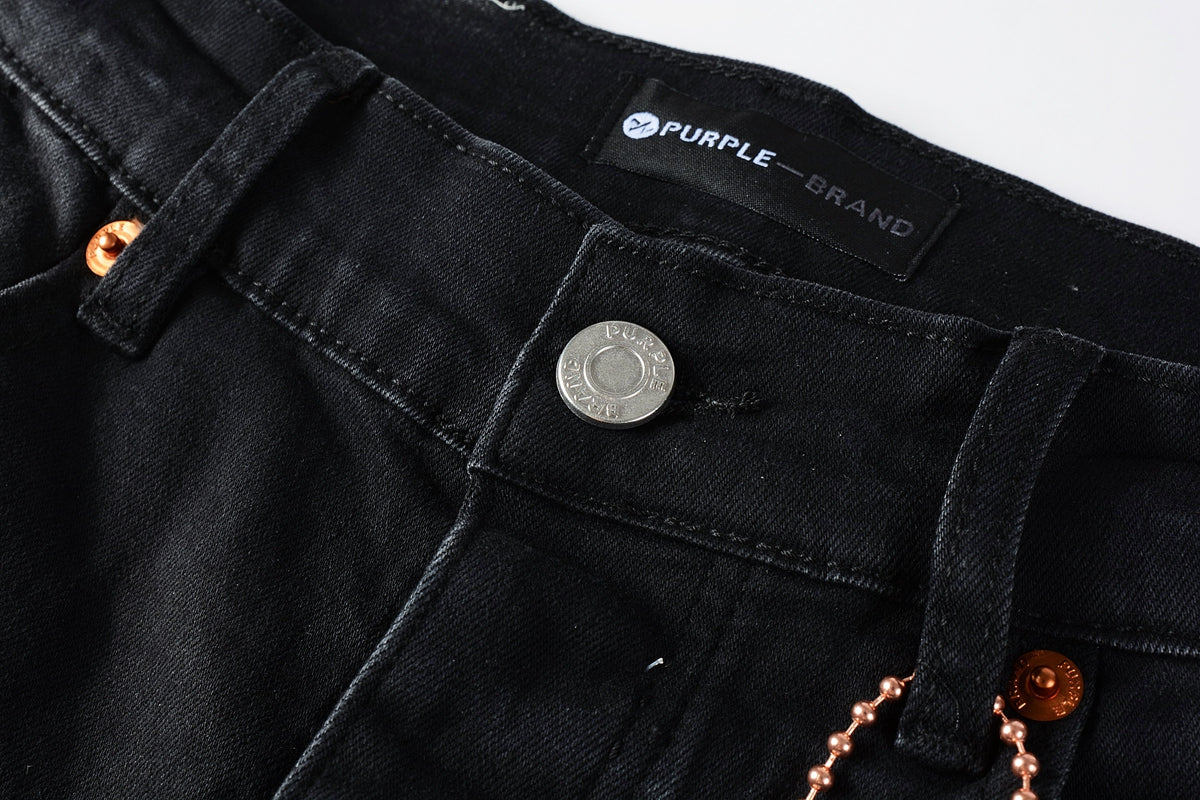 PURPLE Men Streetwear Skinny Jeans Black Fade Wash with White Paint Splatter and Distressed Rips 9002