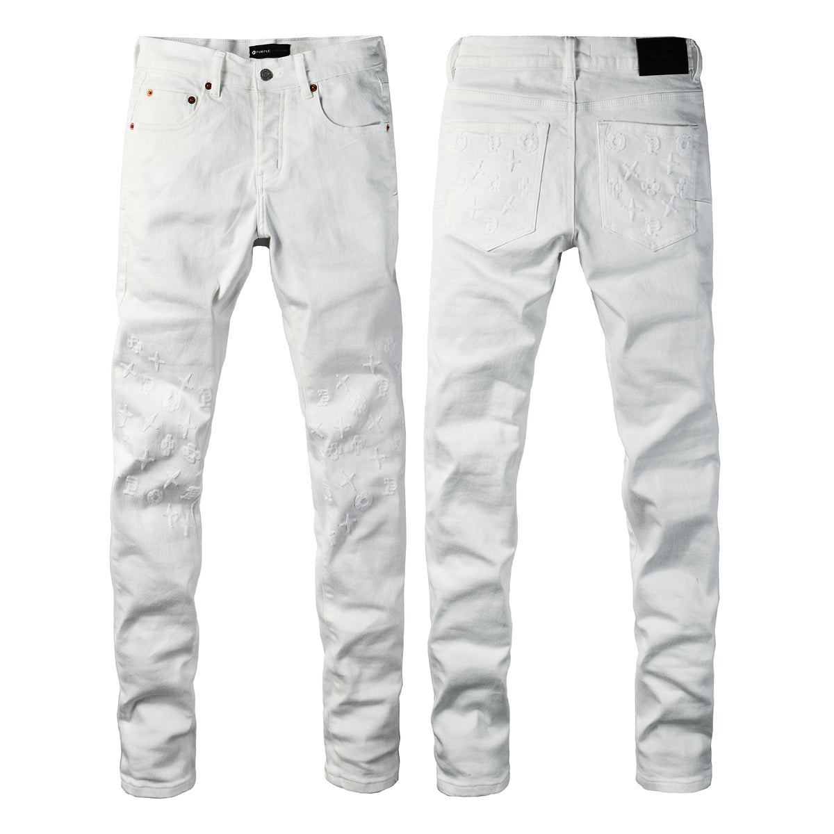 PURPLE Men Designer Streetwear Skinny Jeans Solid White with 3D Embossed Monogram Pattern 9113