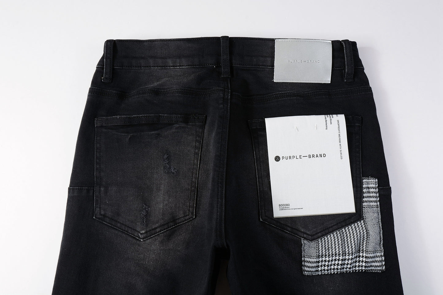 PURPLE Men Streetwear Skinny Jeans Black Wash with Distressed Rips, Checkered Patches and White Paint Splatter 9001