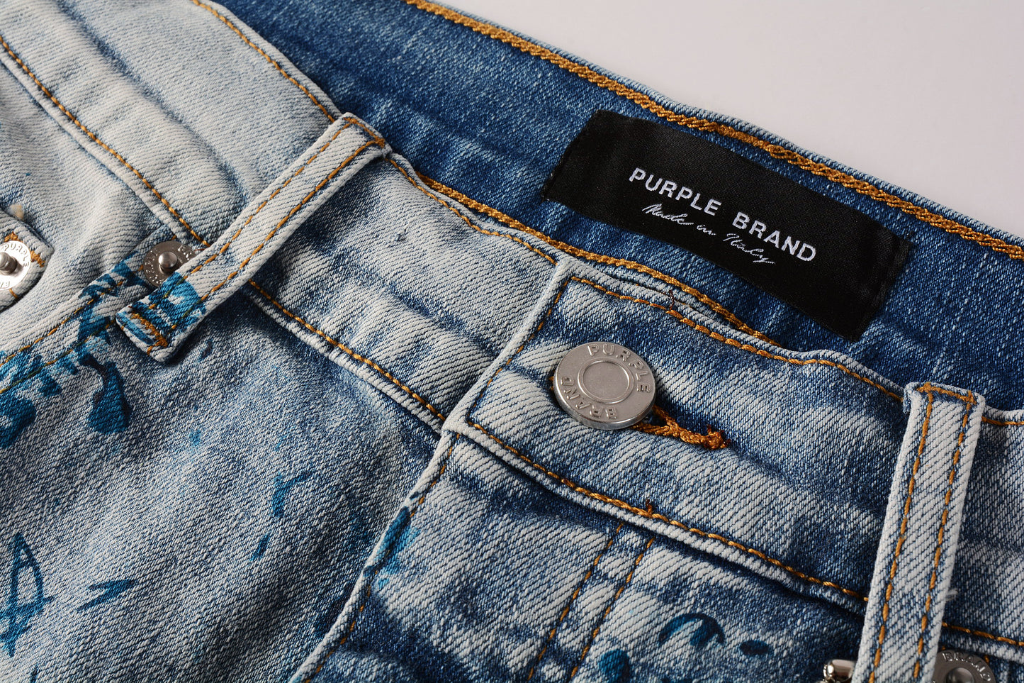 PURPLE Men Streetwear Denim Shorts Light Blue Wash with Blue Graphic Print and Raw Hem 5063