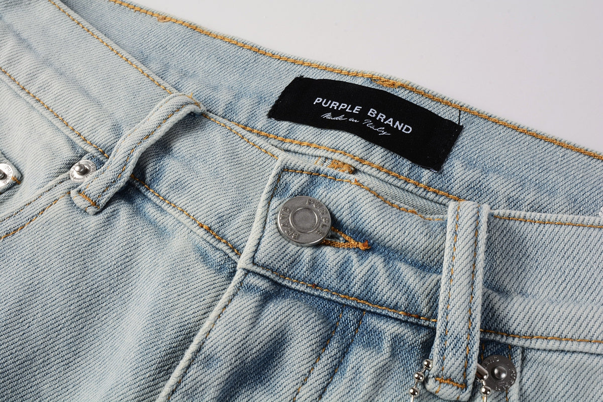 PURPLE Men Streetwear Denim Shorts Light Blue Wash with Side Zipper and Distressed Raw Hem 5086