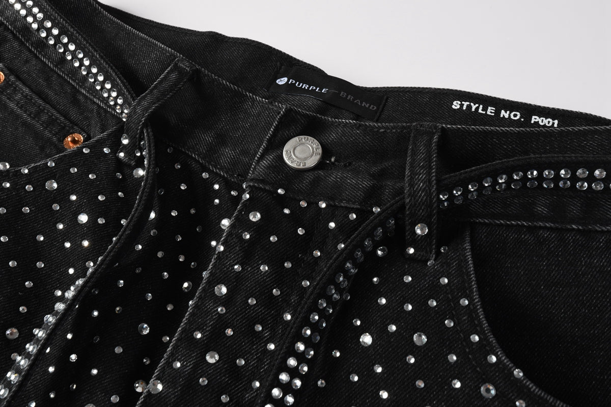 PURPLE Men Streetwear Black Denim Shorts with Allover Rhinestone Studs and Zipper Details 5095