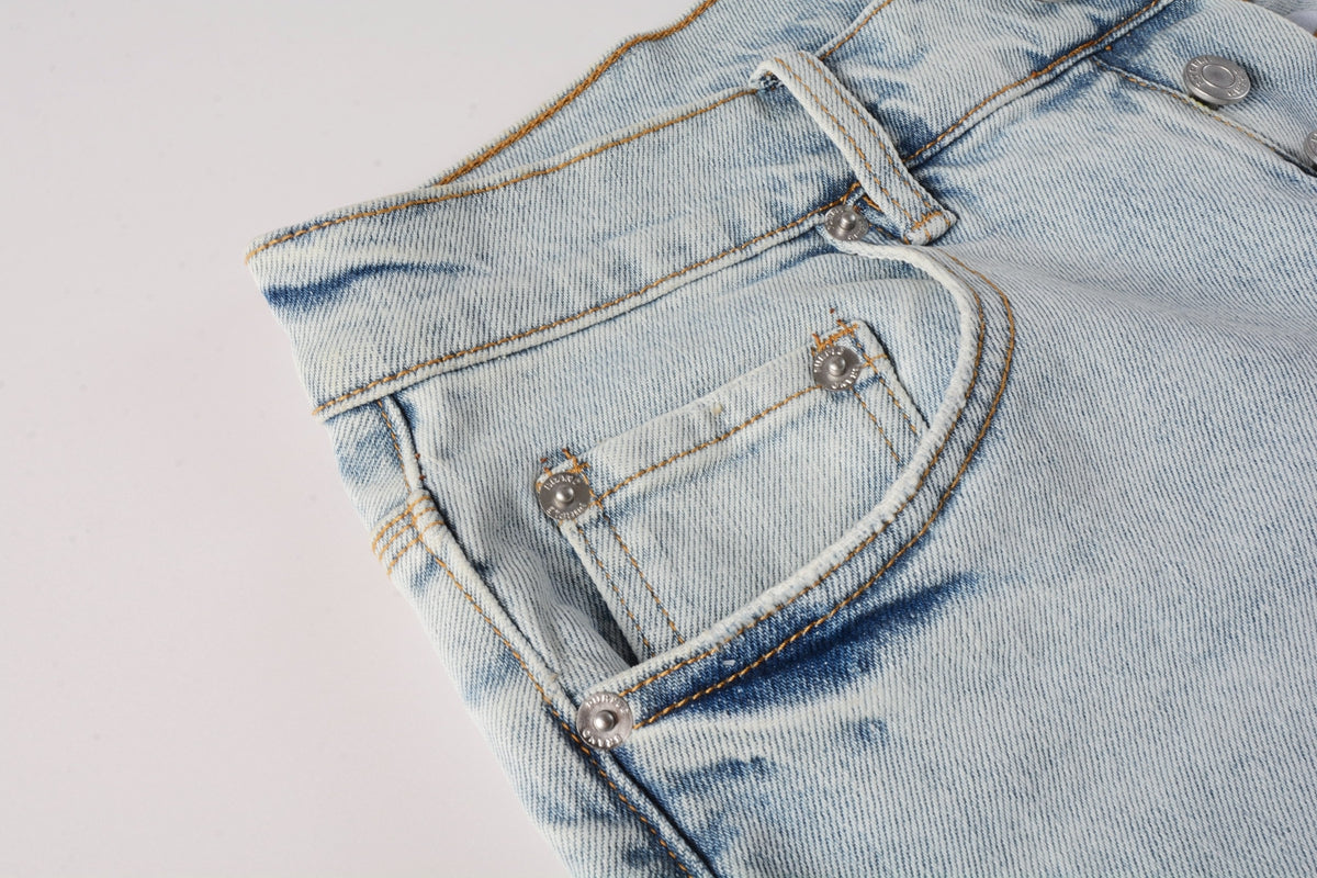 PURPLE Men Streetwear Denim Shorts Light Blue Wash with Distressed Rips and Raw Hem 5088
