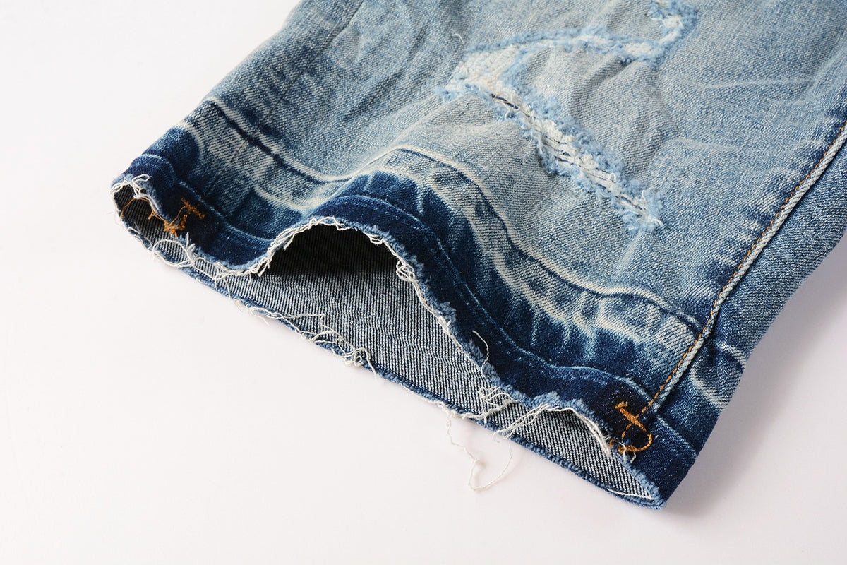 PURPLE Men Streetwear Denim Shorts Light Blue Wash with Distressed Rips and Contrast Blue Hem 5013