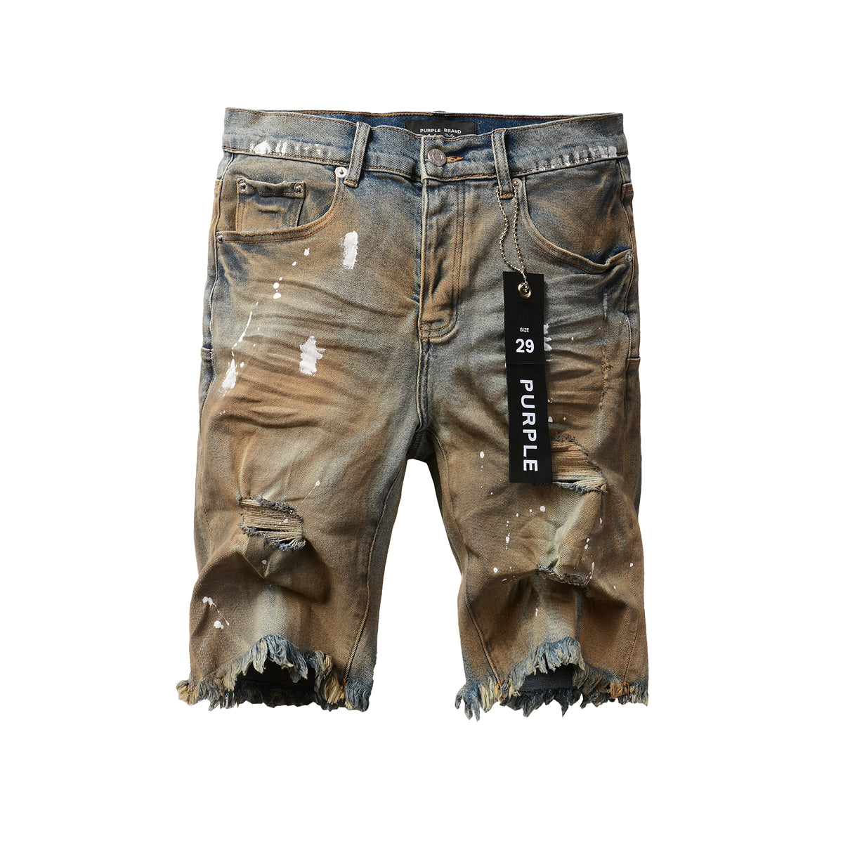 PURPLE Men Streetwear Denim Shorts Brownish Wash with White Paint Splashes and Distressed Raw Hem 5012