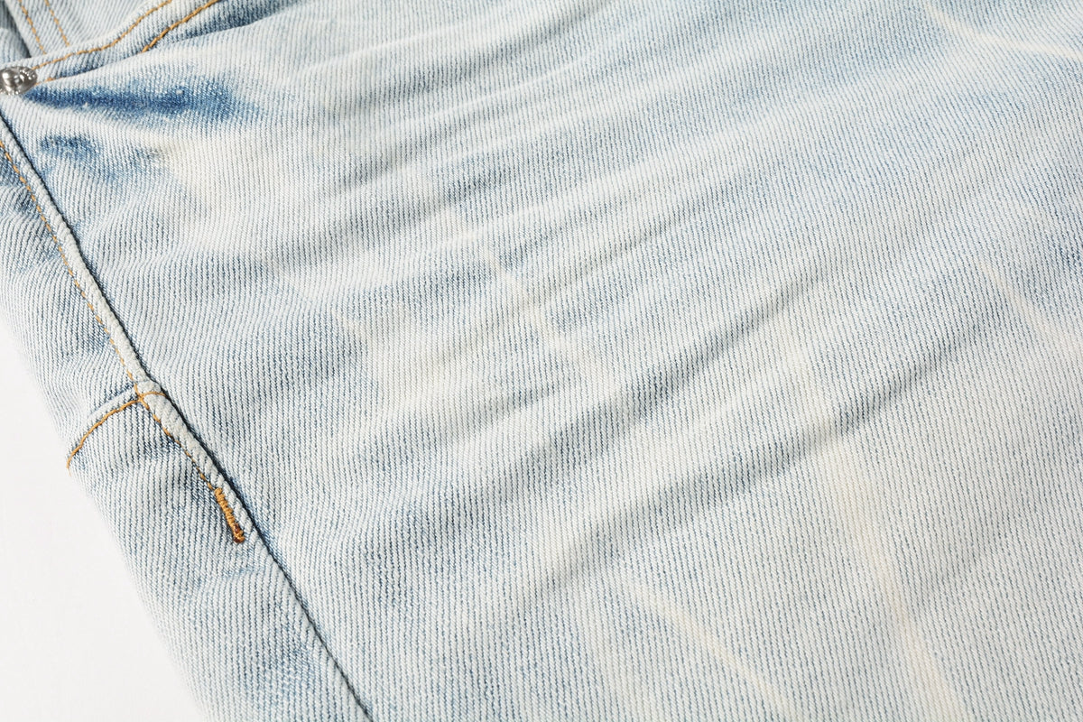 PURPLE Men Streetwear Denim Shorts Light Blue Wash with Washed Distressed Raw Hem 5017