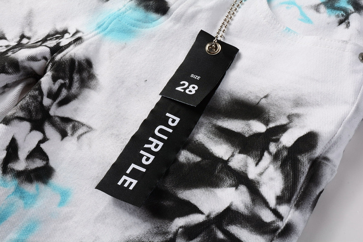 PURPLE Men Streetwear Denim Shorts White Wash with Blue - Black Ink Floral Print and Raw Hem 5065
