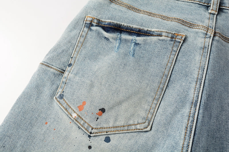 PURPLE Men Streetwear Denim Shorts Light Blue Wash with Colorful Paint Splashes and Distressed Raw Hem 5071