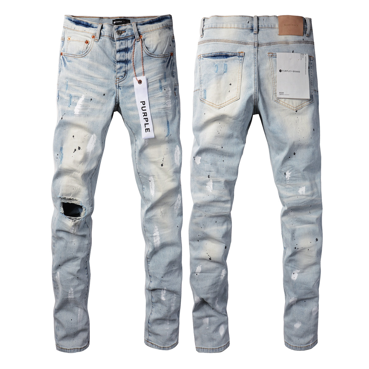 PURPLE Men Streetwear Skinny Jeans Light Blue Wash with White Paint Splatter and Subtle Distress 9006