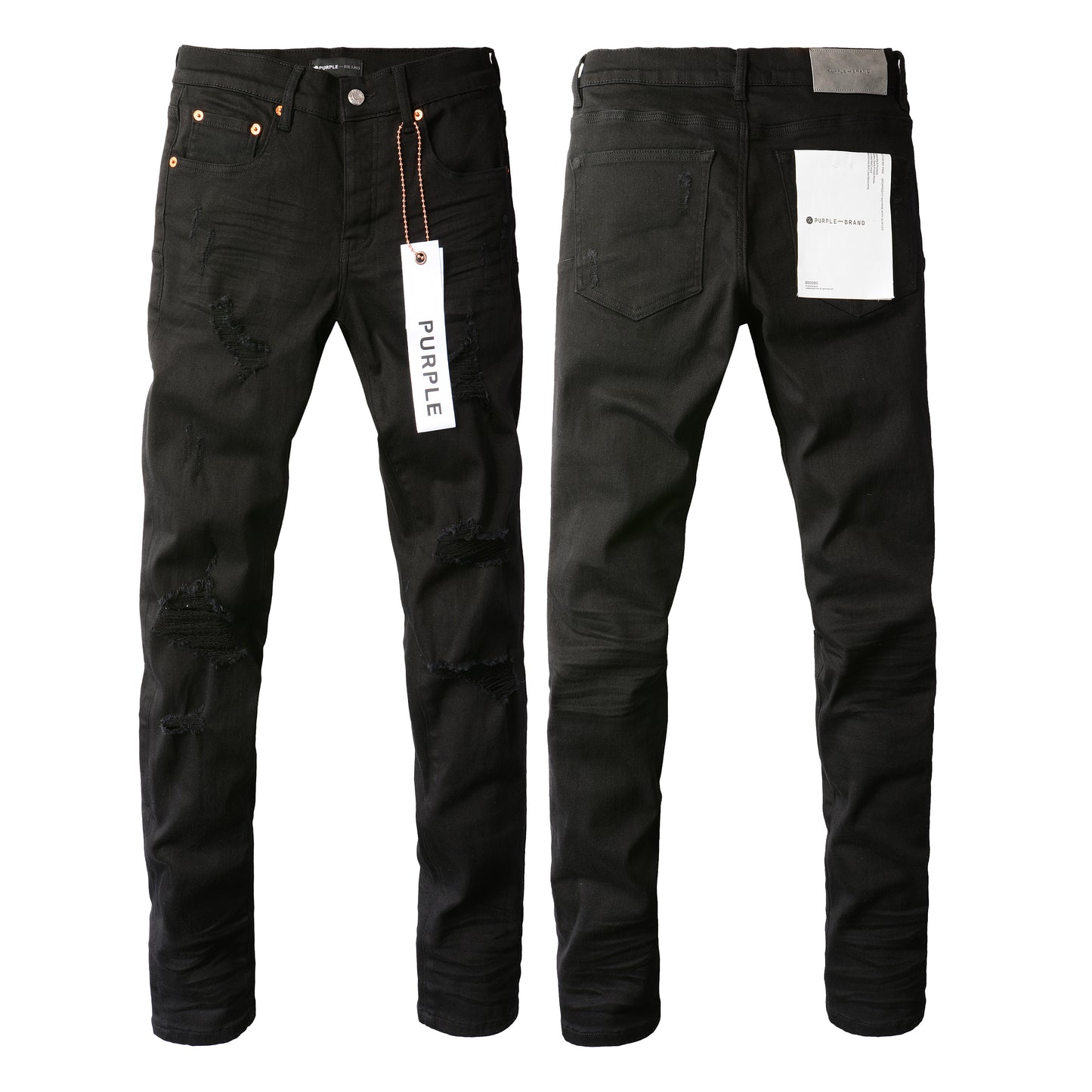 PURPLE Men Streetwear Skinny Jeans Black Wash with Distressed Rip Details 9022