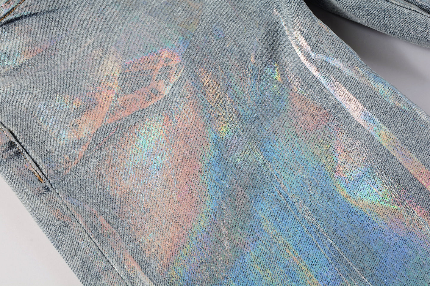 PURPLE Men Streetwear Skinny Jeans Light Blue Wash with Holographic Iridescent Finish 9005