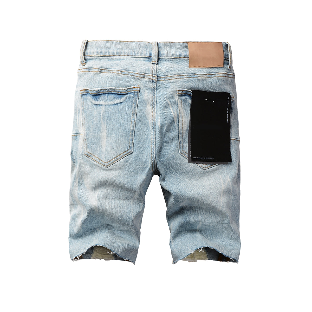 PURPLE Men Streetwear Denim Shorts Light Blue Wash with White Distressed Patches and Raw Hem 5069