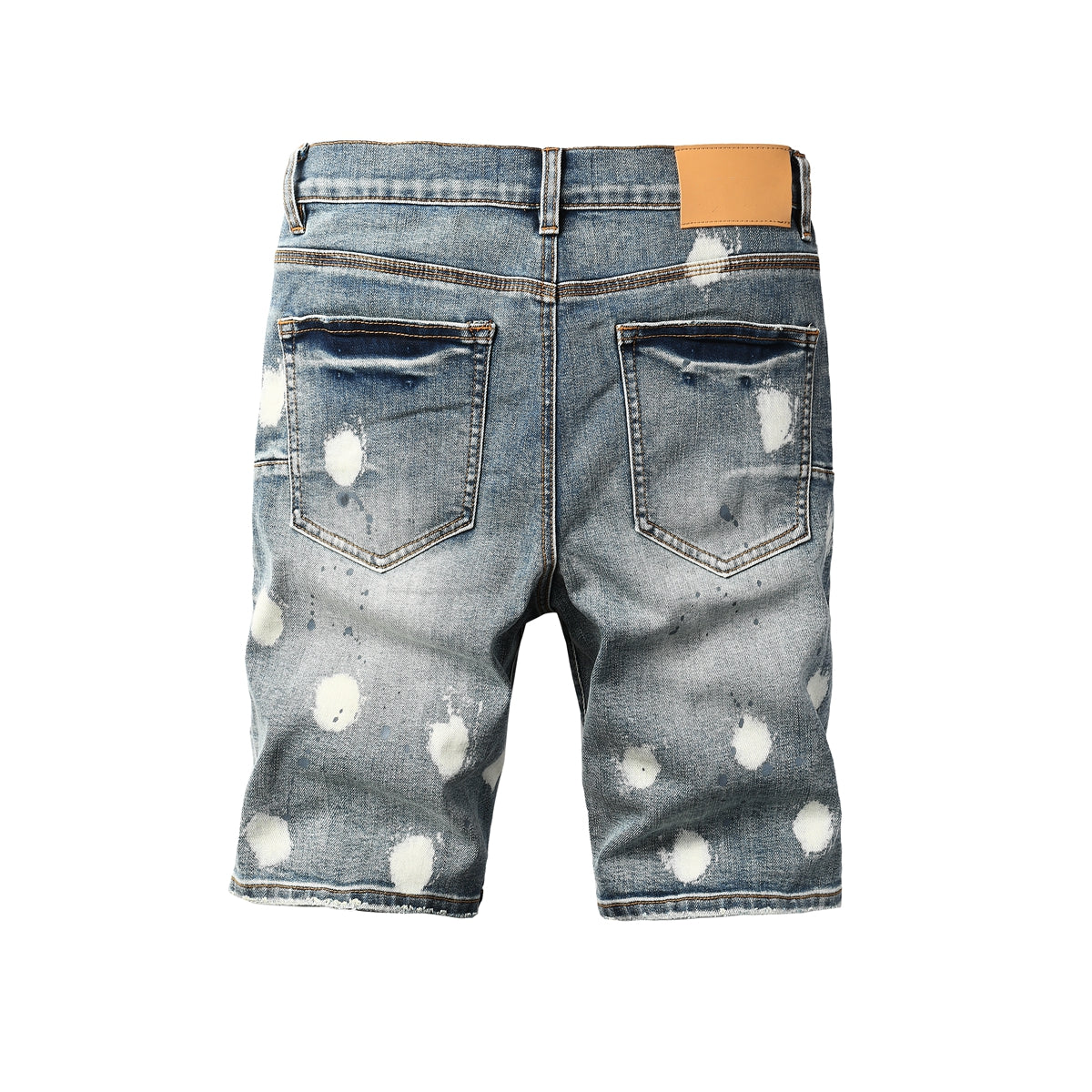 PURPLE Men Streetwear Denim Shorts Light Blue Wash with Large White Paint Splashes and Speckles 5092