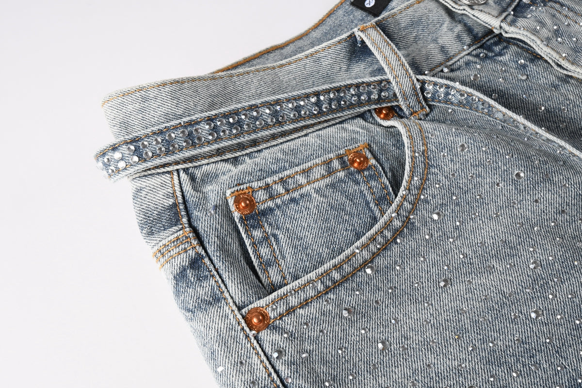 PURPLE Men Streetwear Straight Denim Shorts Grey Wash with Rhinestone Speckles and Seam Accents 5096