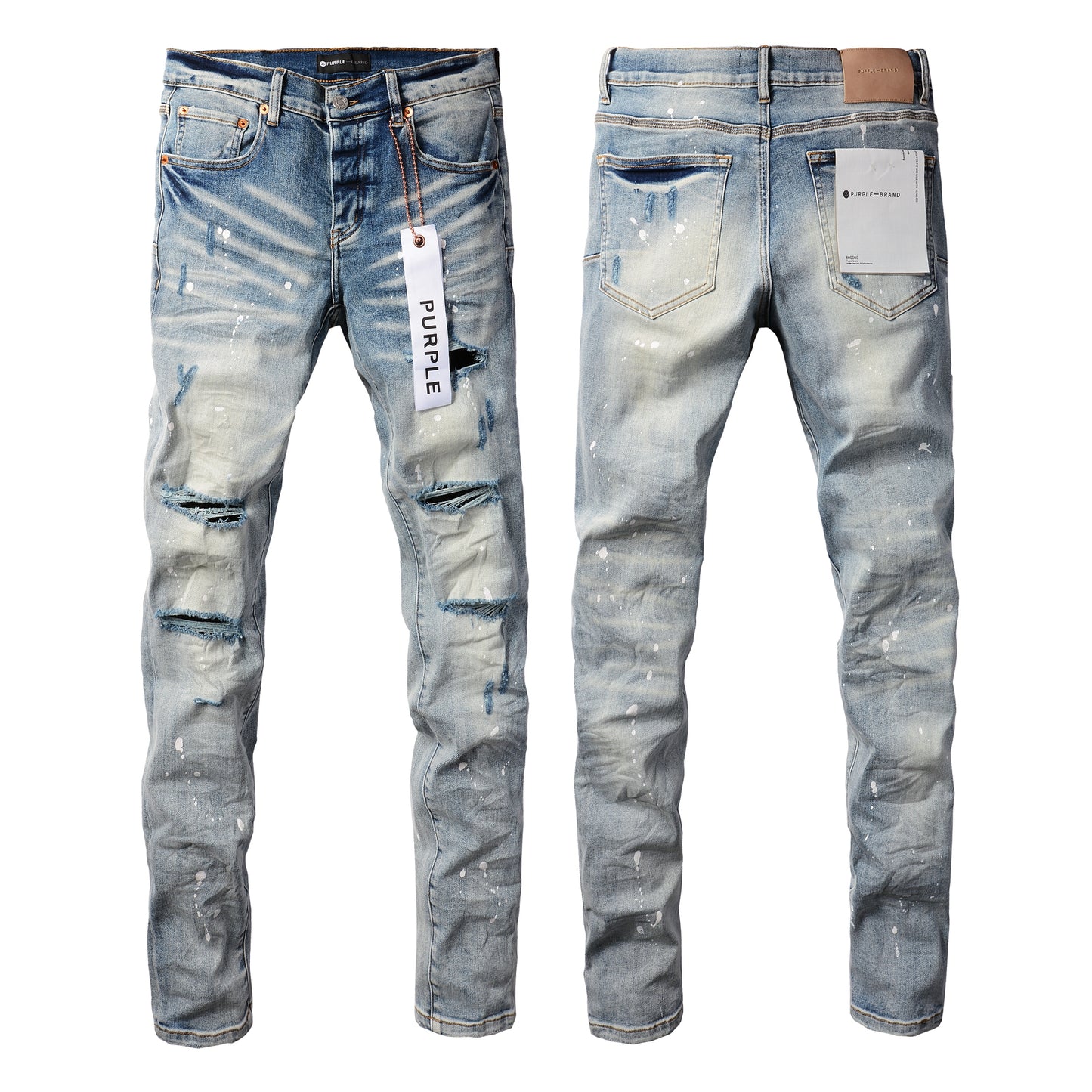 PURPLE Men Streetwear Skinny Jeans Light Blue Wash with Heavy Distressed Rips and White Paint Splatter 9003