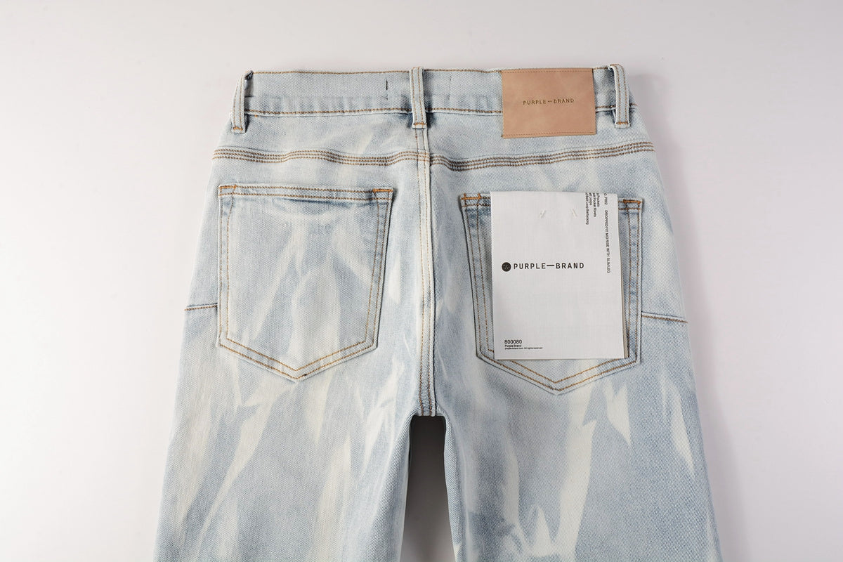 PURPLE Men Streetwear Skinny Jeans Light Blue Wash with White Brushstroke Texture 7017