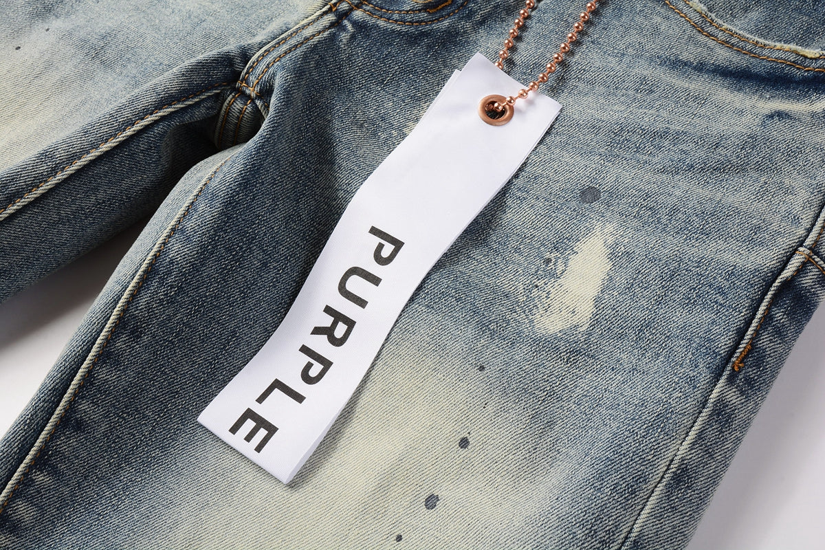 PURPLE Men Streetwear Jeans Distressed Light Blue Paint Dot Ripped skinny 9092