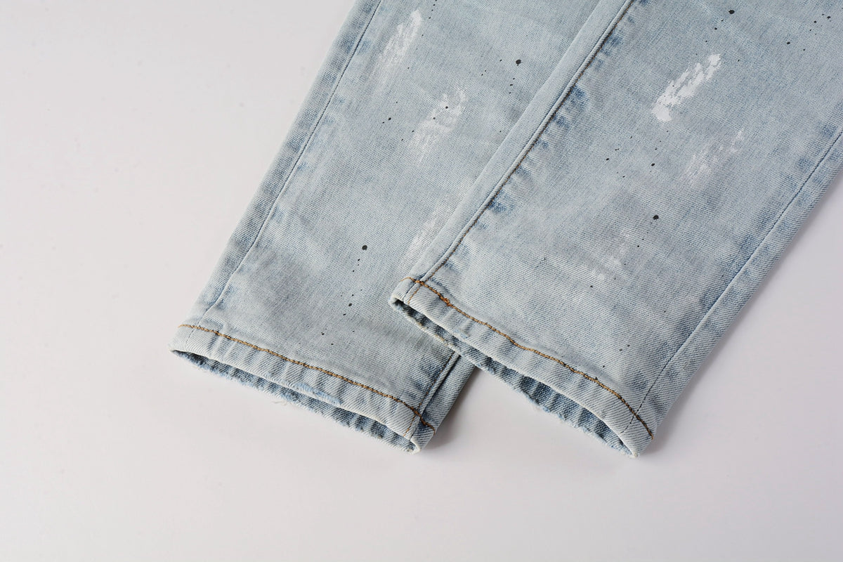 PURPLE Men Streetwear Skinny Jeans Light Blue Wash with White Paint Splatter and Subtle Distress 9006
