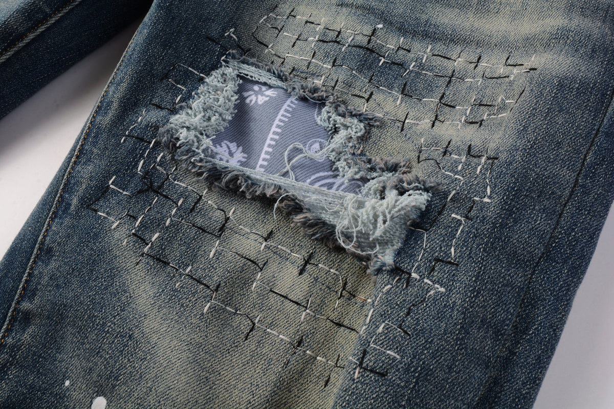 PURPLE Men Streetwear Jeans Distressed Blue PatchPaint skinny Fit 9025