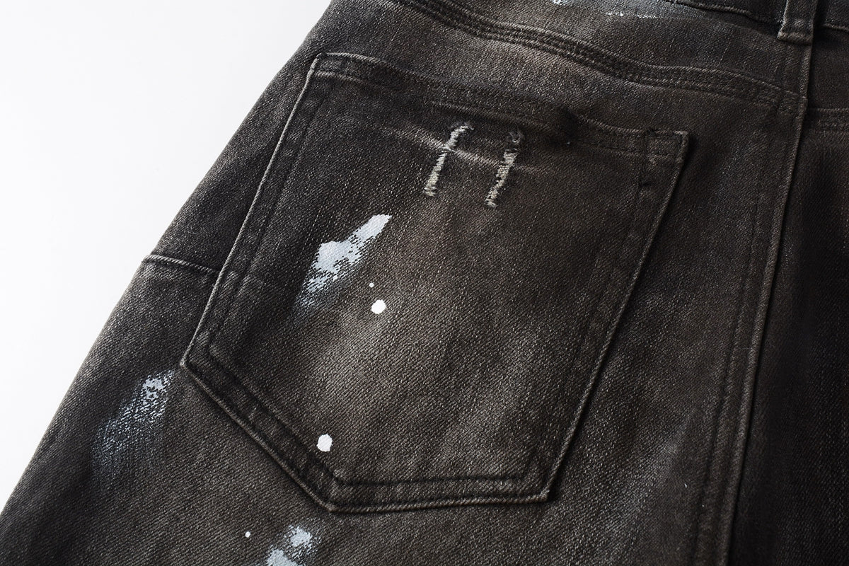PURPLE Men Streetwear Skinny Jeans Dark Gray Wash with White Paint Splatter and Distressed Rips 9030