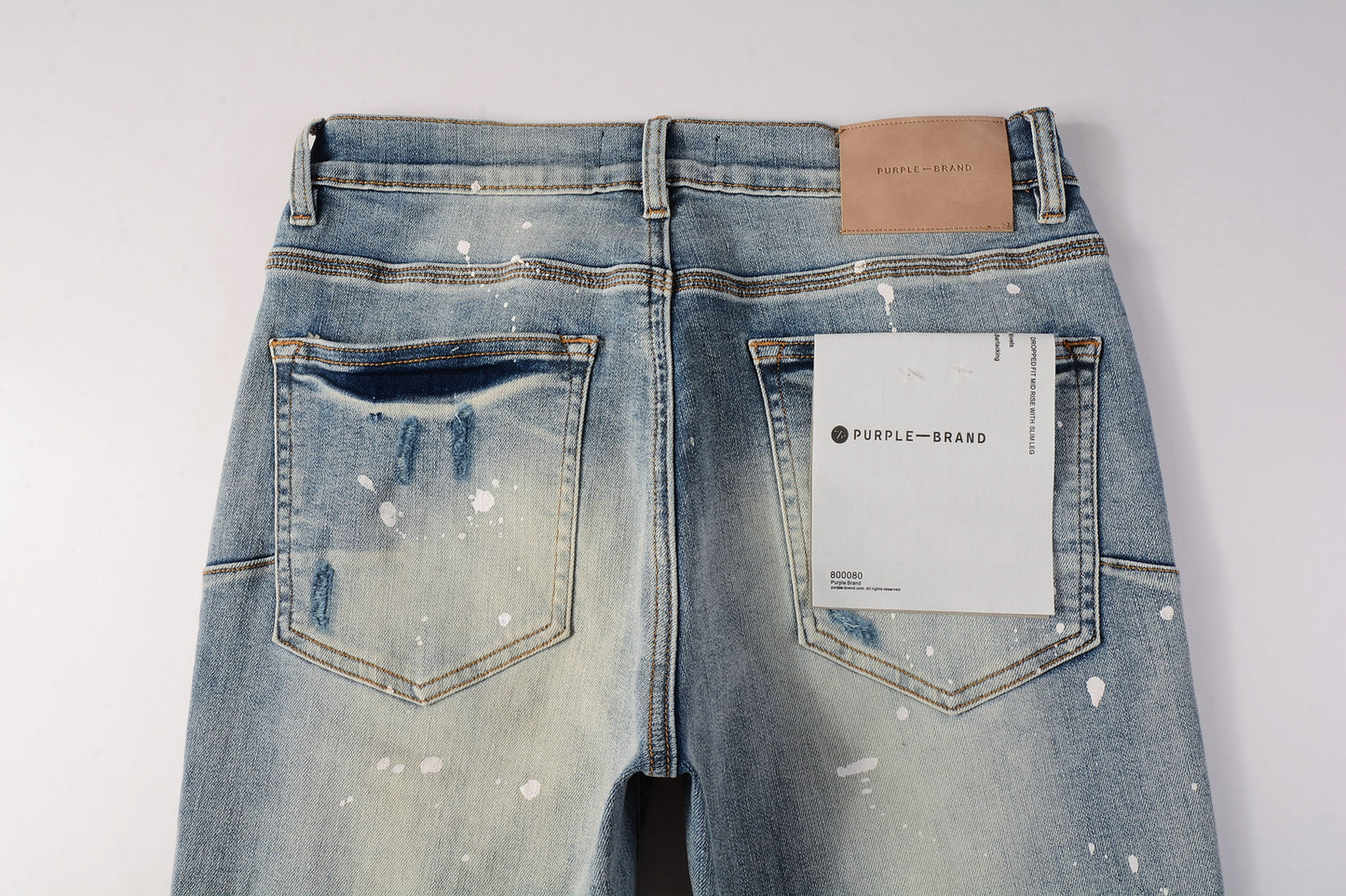 PURPLE Men Streetwear Skinny Jeans Light Blue Wash with Heavy Distressed Rips and White Paint Splatter 9003