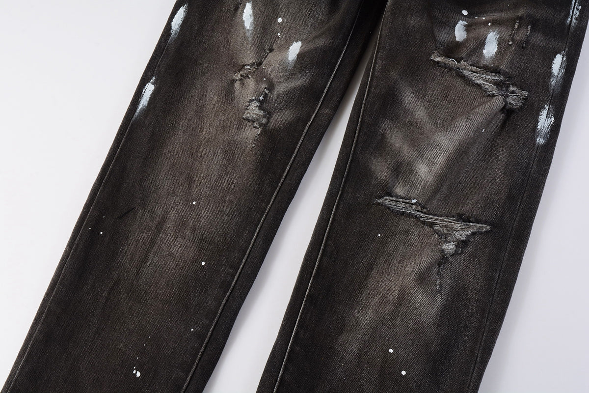 PURPLE Men Streetwear Skinny Jeans Dark Gray Wash with White Paint Splatter and Distressed Rips 9030