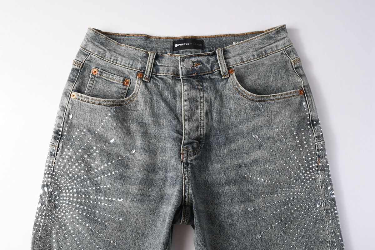 PURPLE Men Streetwear Light Blue Denim Shorts with Radial White Rhinestone Designs 5093